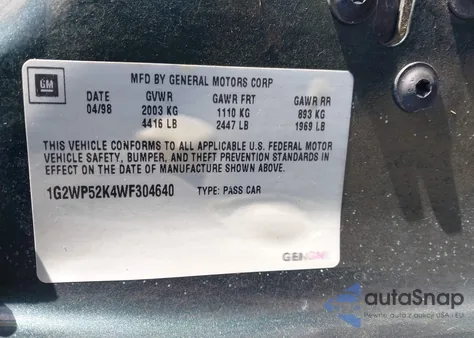 1998 Pontiac Grand Prix Gt из США, поврежденный, VIN 1G2WP52K4WF304640